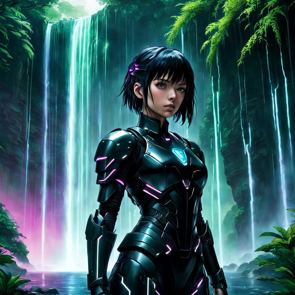 Cyberpunk Woman and Digital Waterfall in Anime Style