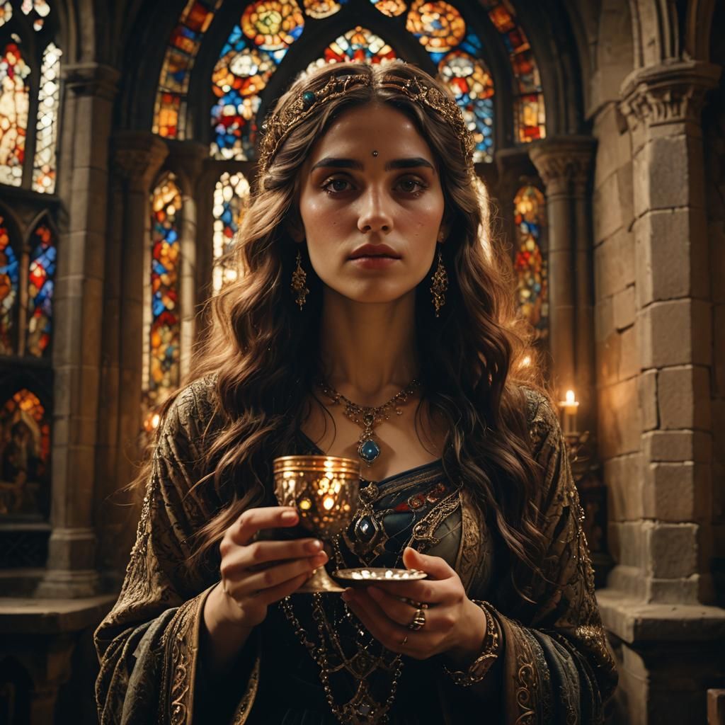 Bejeweled Woman with Chalice in Gothic Church
