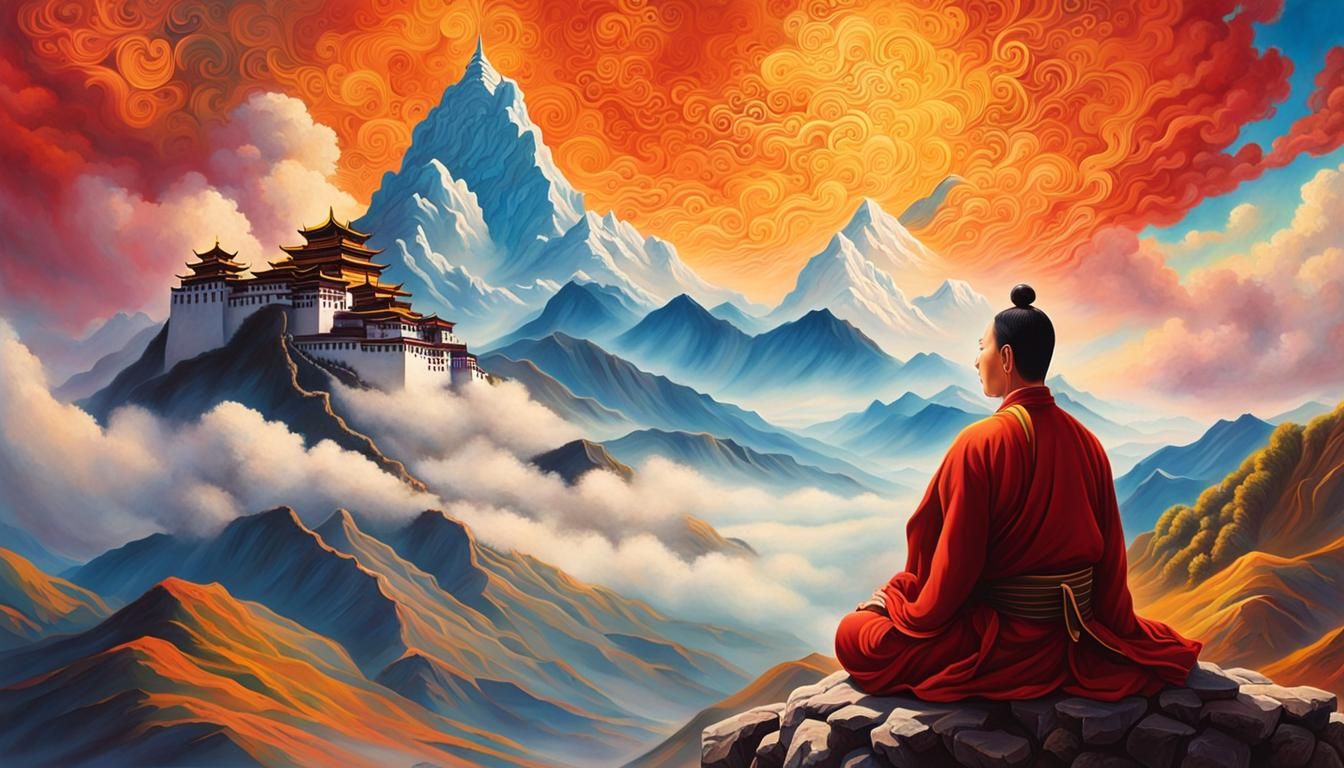 Meditating Man on Mount Tibet in Splash Art Style