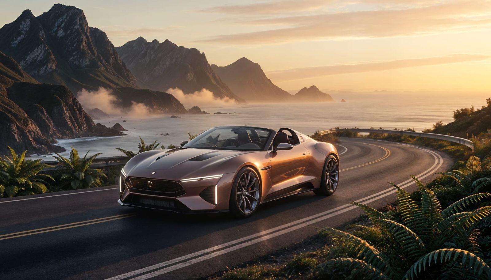 Futuristic Rose Gold Roadster at Sunset
