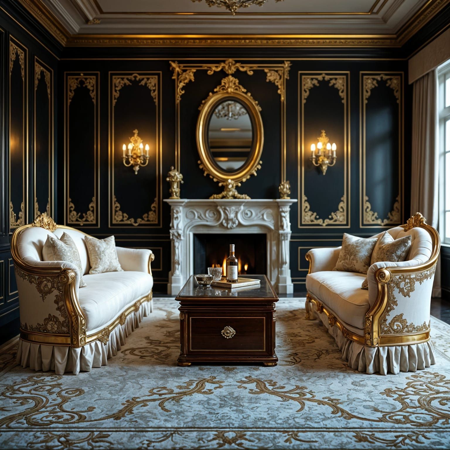 Opulent Mansion Study with Gold Accents and Dark Wood