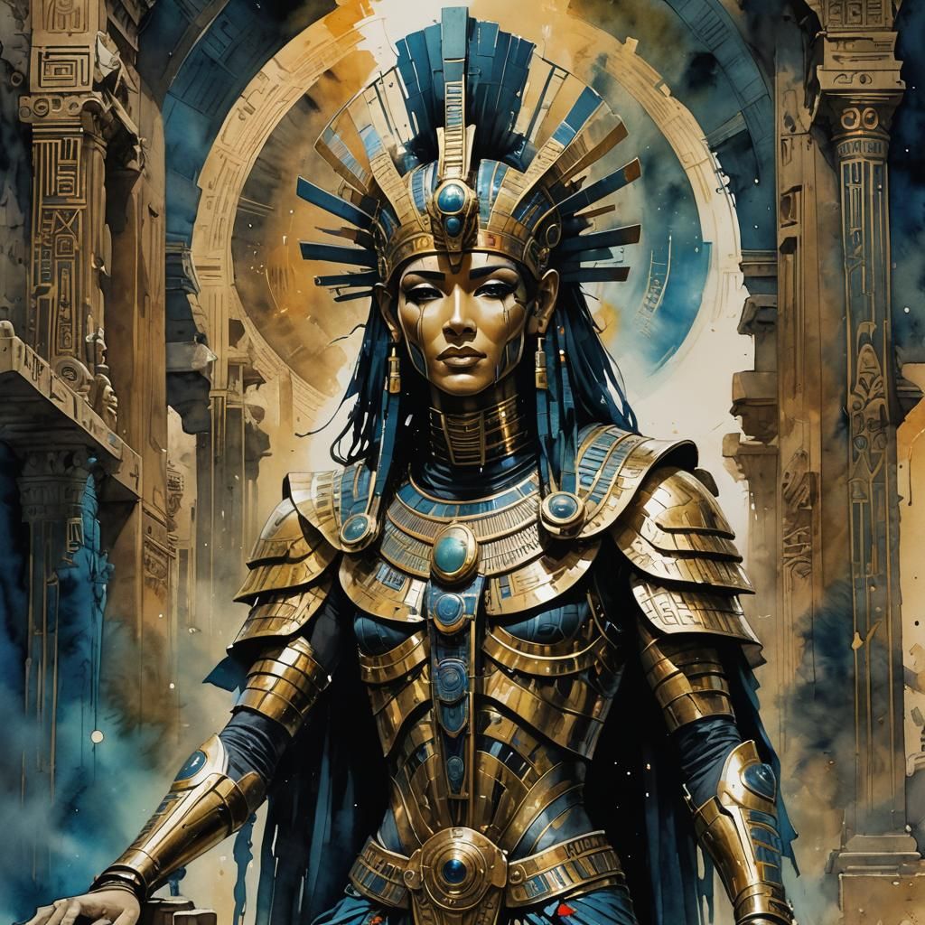Cyborg Anunnaki Deity in Sci-Fi Egyptian Temple
