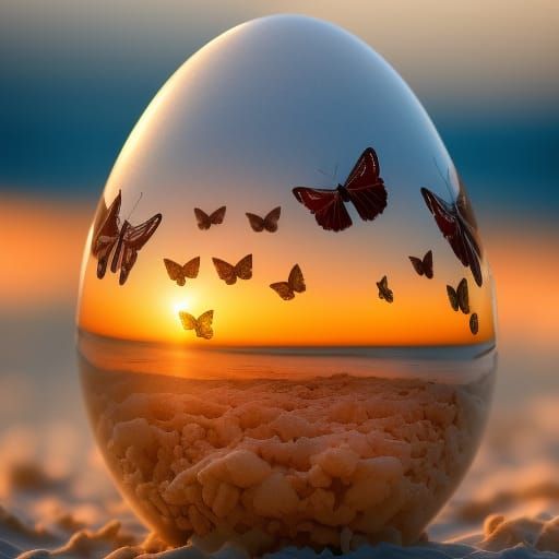 Butterflies and Flowers Inside Etched Egg, Beach Sunset