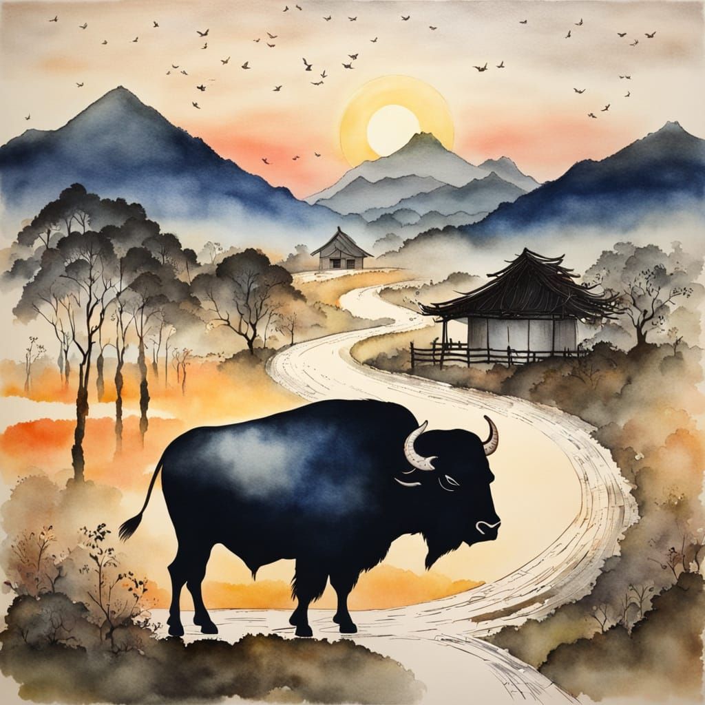 Asian Mother on Buffalo Under Morning Sun