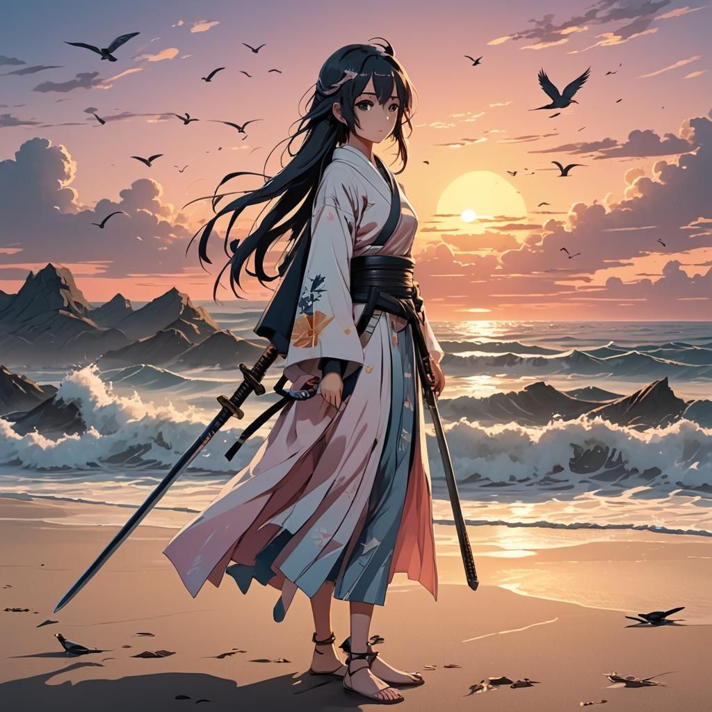 Sad Anime Girl with Swords on Beach at Sunset