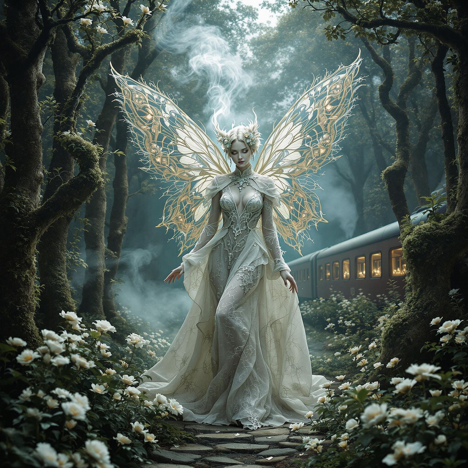 Angel in a Whimsical Fairy Forest with Intricate Knitted and...