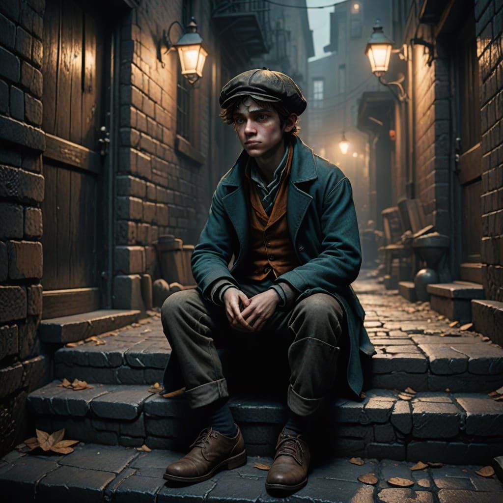 Orphan Boy in Moody Alleyway, in a Cyberpunk Style