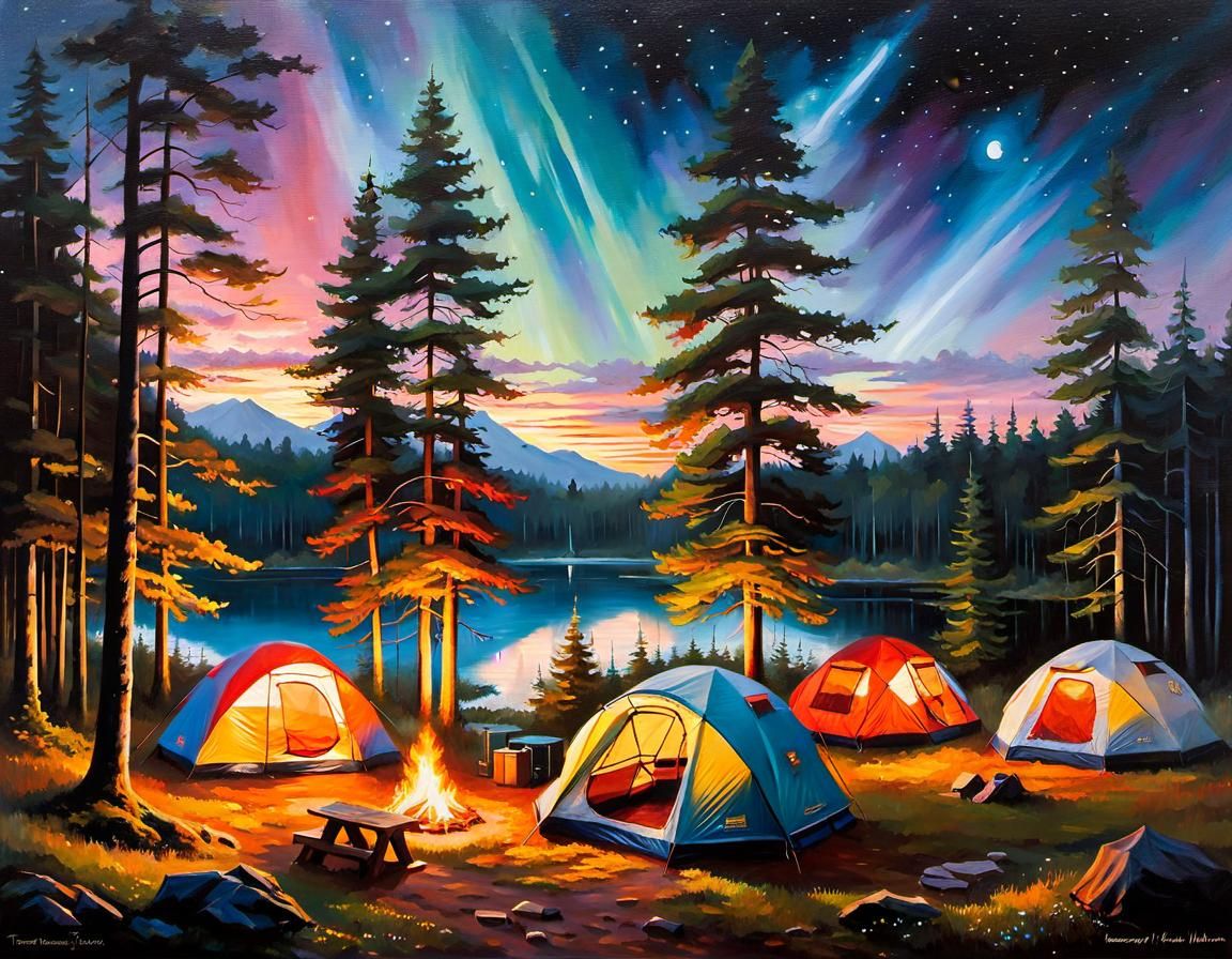 Camping in Latvian Woods: Oil Painting at Sunrise