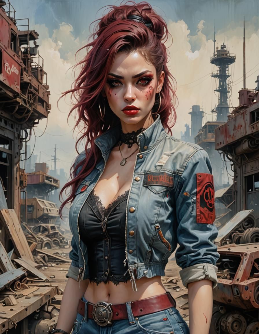 Post-Apocalyptic Bimbo: Detailed Acrylic Painting