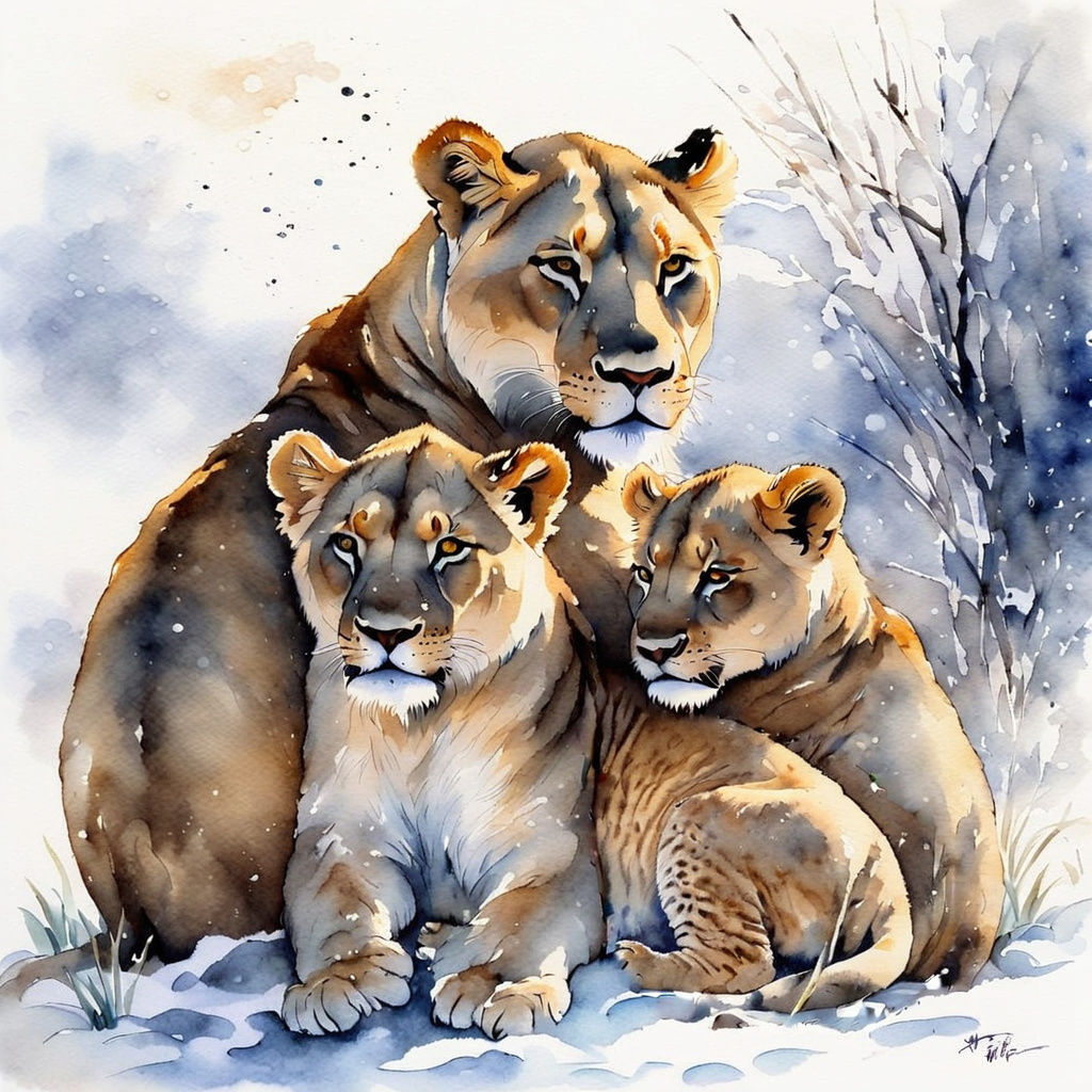 Mother Lioness and Cubs in Snowy Floral Field