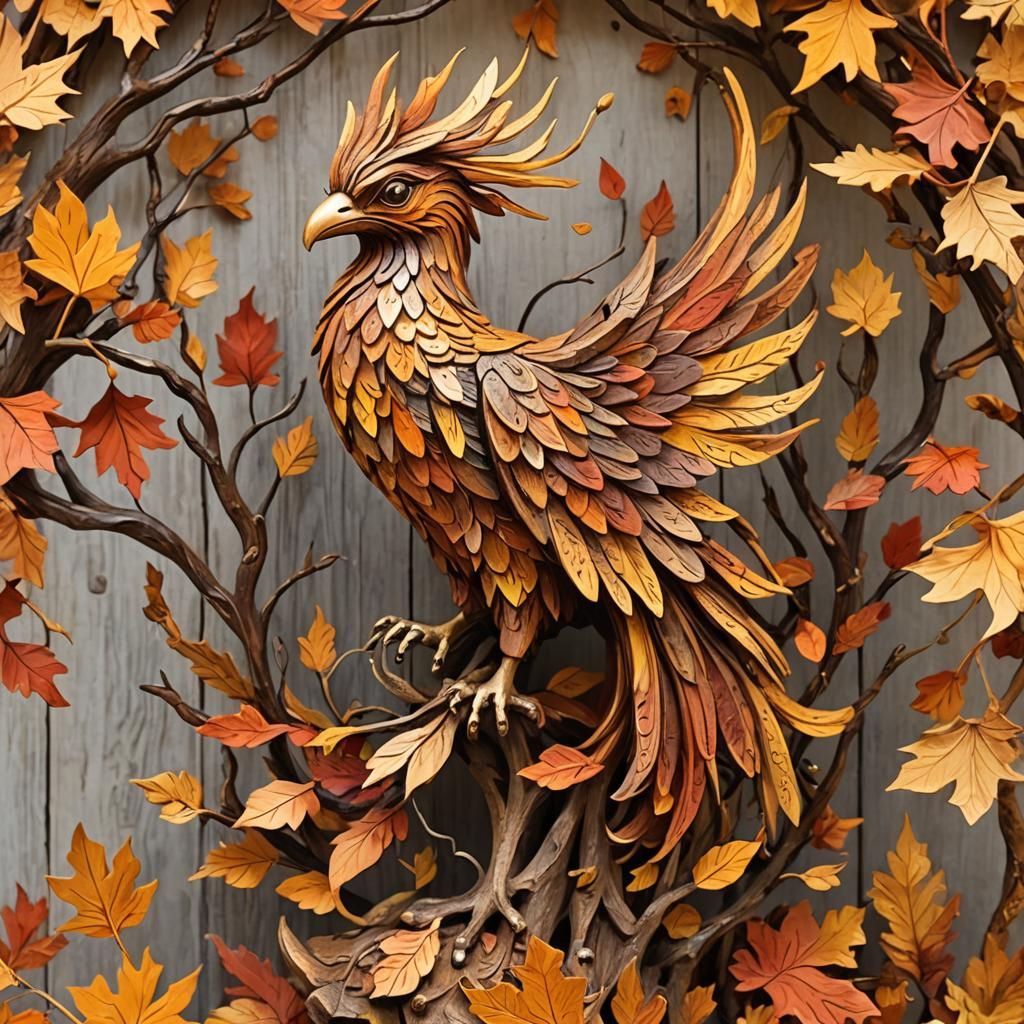 Whimsical Wooden Phoenix Sculpture in Autumnal Forest