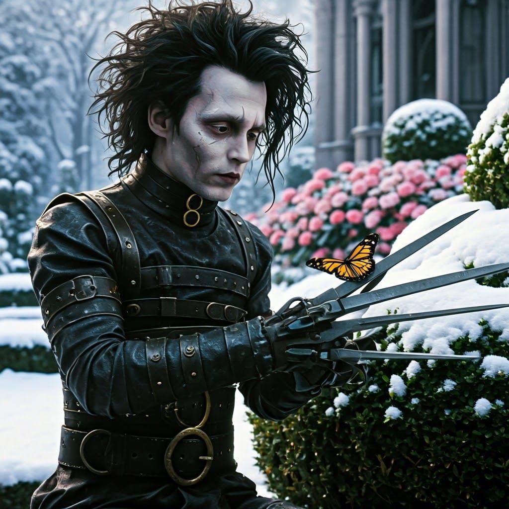 Edward Scissorhands and Butterfly in Snowy Garden
