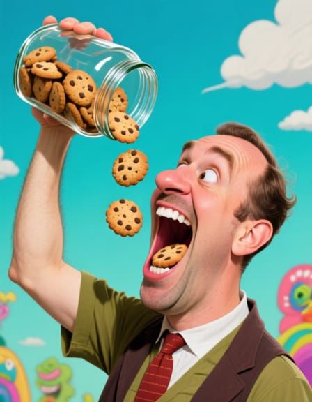 Caricature of Man Pouring Cookies into Wide Mouth