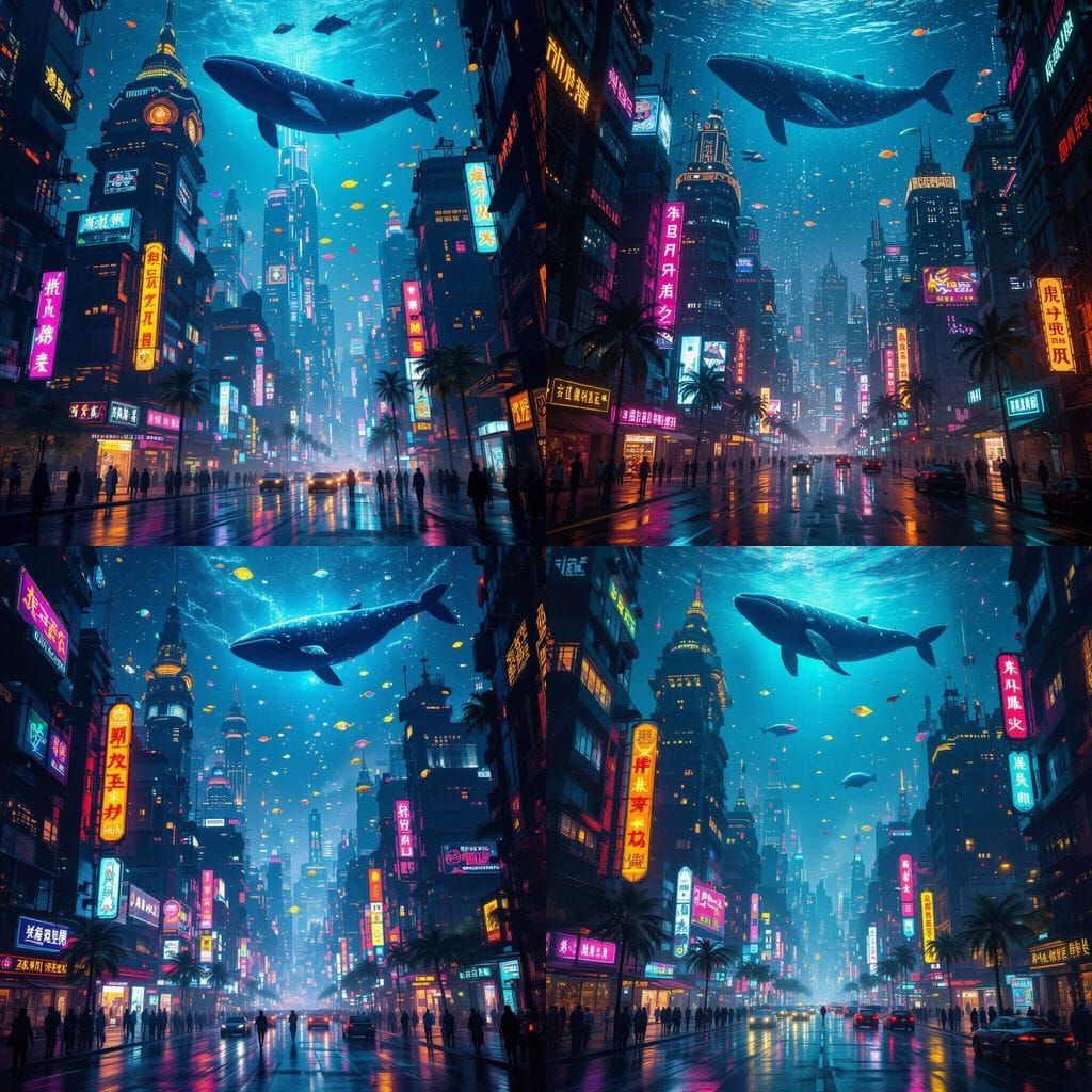 Cyberpunk City at Night with Floating Ocean Sky