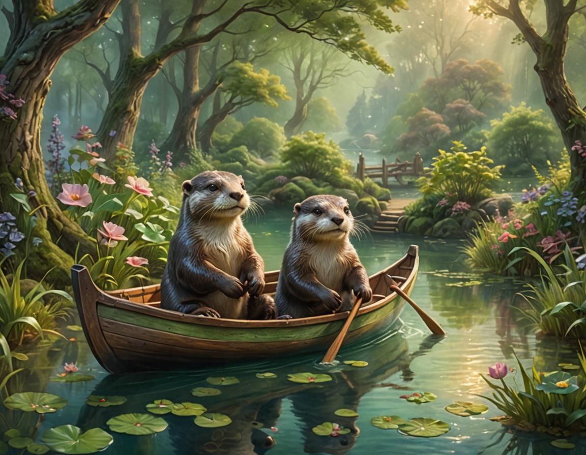 Otters Cuddling in Boat on Pond, Photorealistic Style