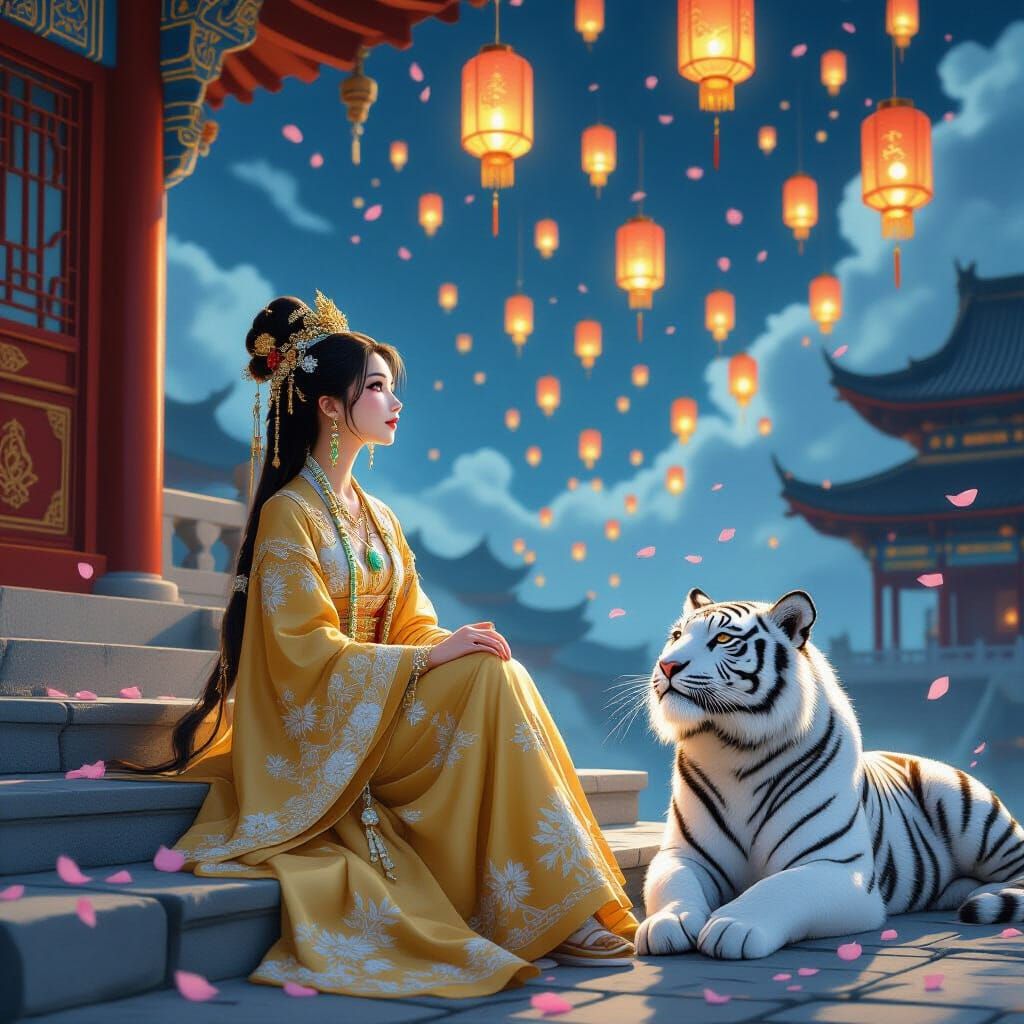 Princess and White Tiger Under Lantern Sky
