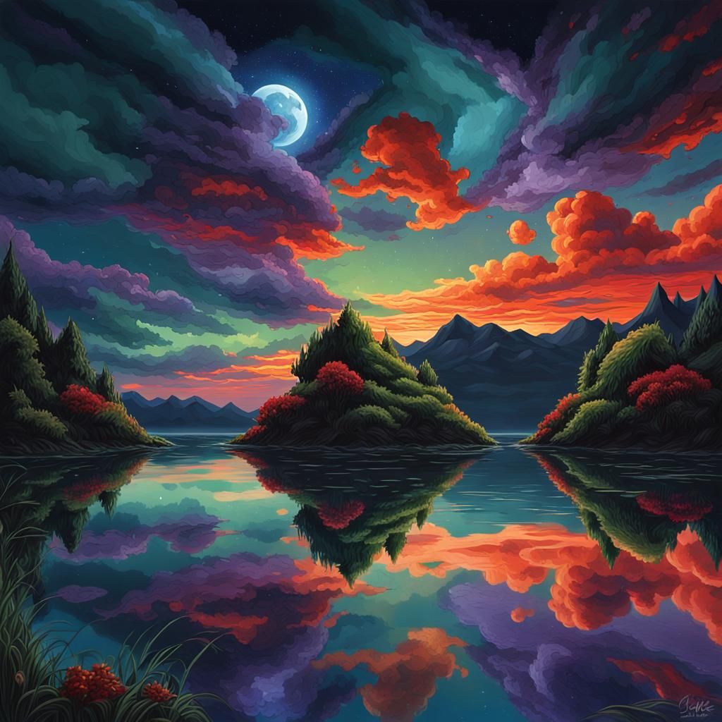 Night Reflections: Hyperrealistic Galaxy Lake Landscape