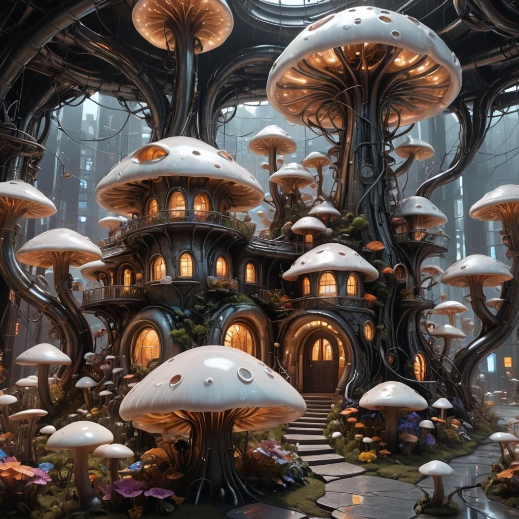 Cyberpunk Mushroom House with Neon Accents
