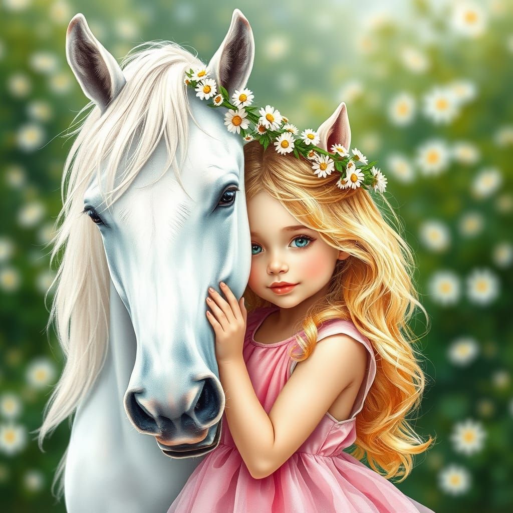 Whimsical Girl Hugs Majestic White Pony in Dreamy Floral Lan...