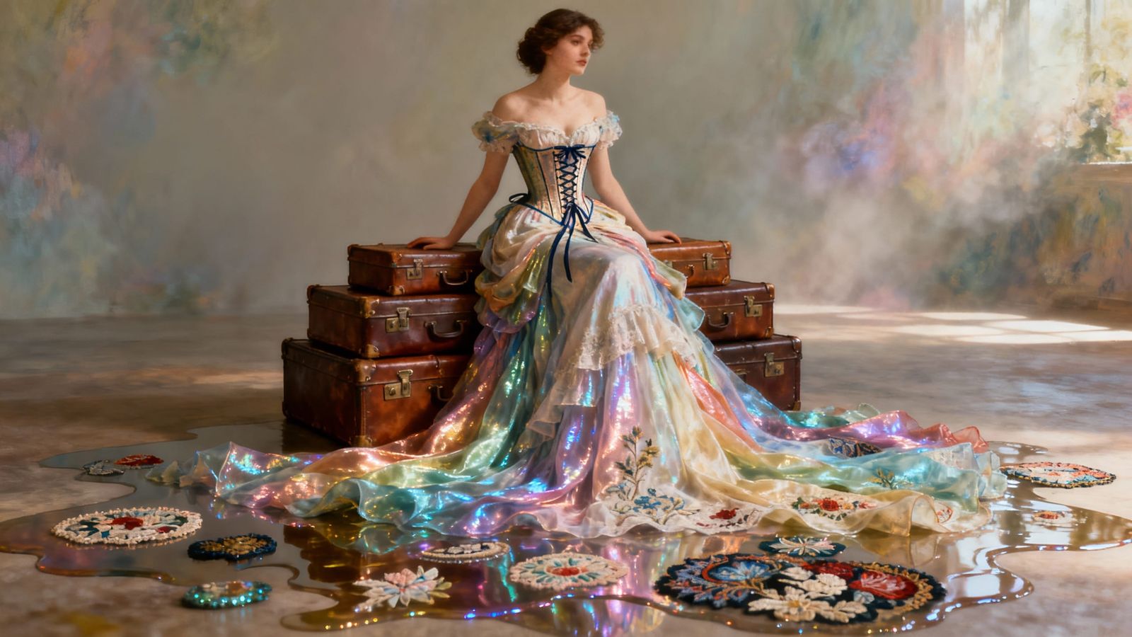Woman in Iridescent Gown on Vintage Suitcases
