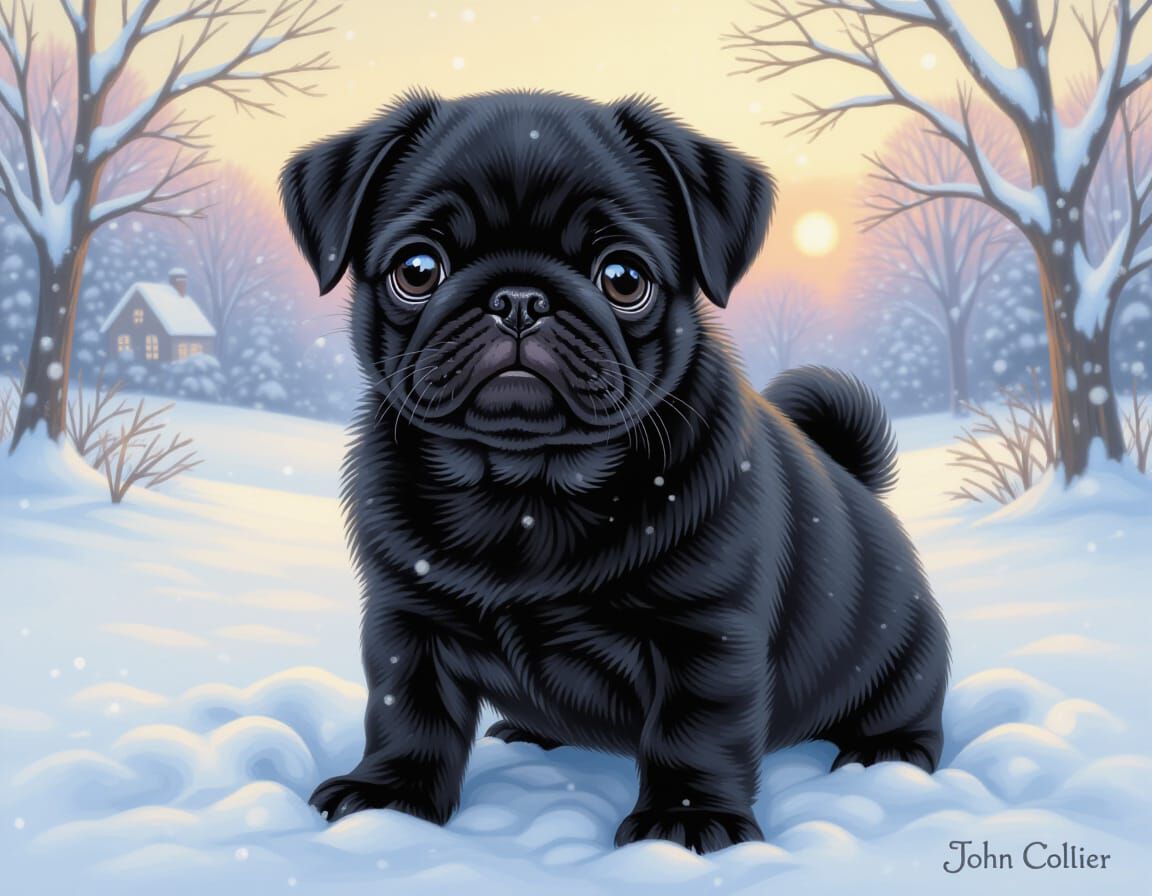 Pug in Snowy Dreamcore, Realistic Style