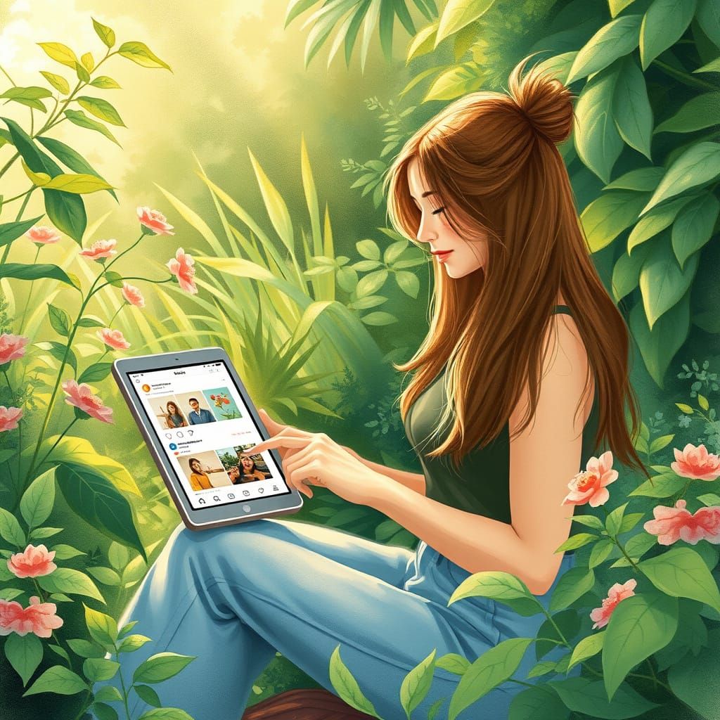 Woman in Garden with Tablet, Watercolor Illustration