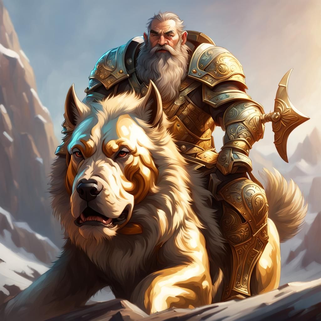 Armored Dwarf and Mastiff Portrait in Hyperdetailed Style