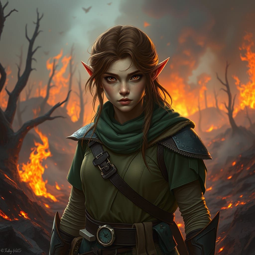 Half-Elf Warrior in a Ravaged Landscape