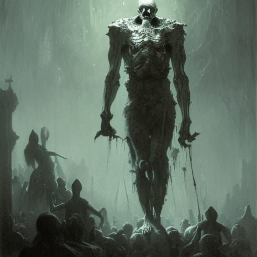 Horror Skulls Golem in Engraving Style