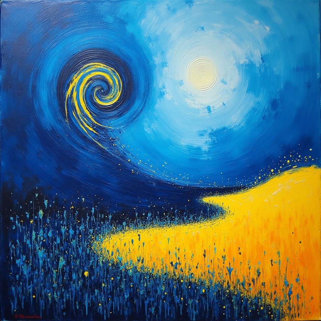 Psychedelic Landscape with Swirling Spirals in Electric Blue...