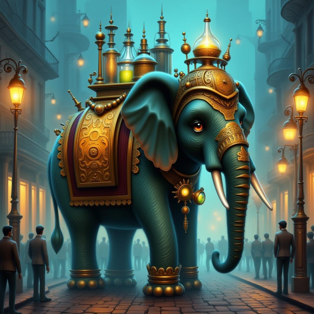Steampunk Elephant in Foggy Victorian London Digital Paintin...