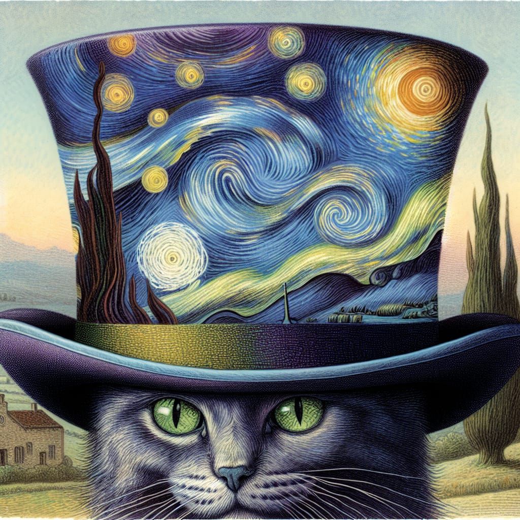 Cat Face Top Hat in Post-Impressionist Style