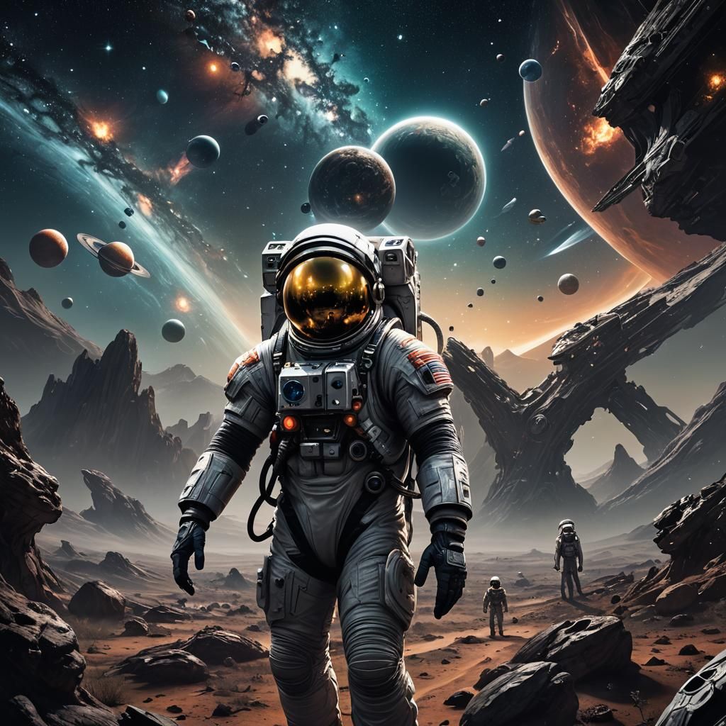 Astronaut and Alien in Cosmic Landscape: Cinematic Art