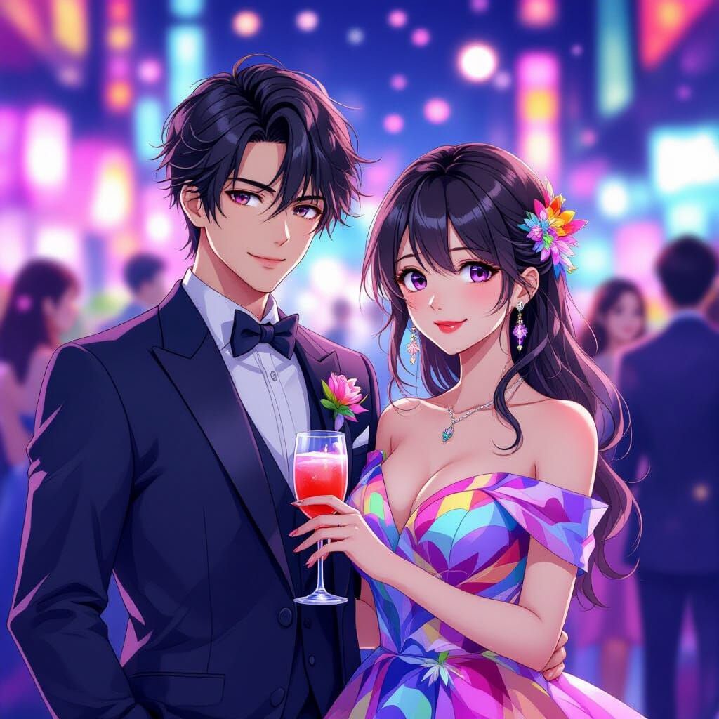 Anime Couple Celebrating in Neon-Lit Party