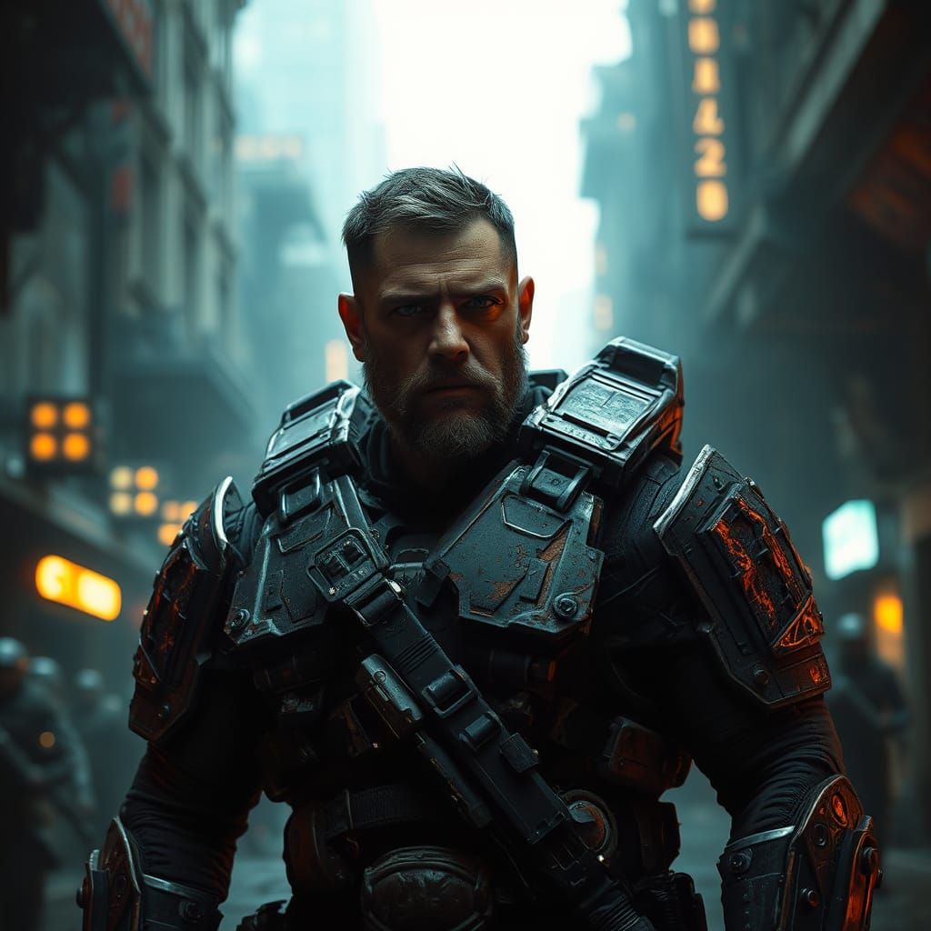 Grizzled Warrior in Post-Apocalyptic Cityscape