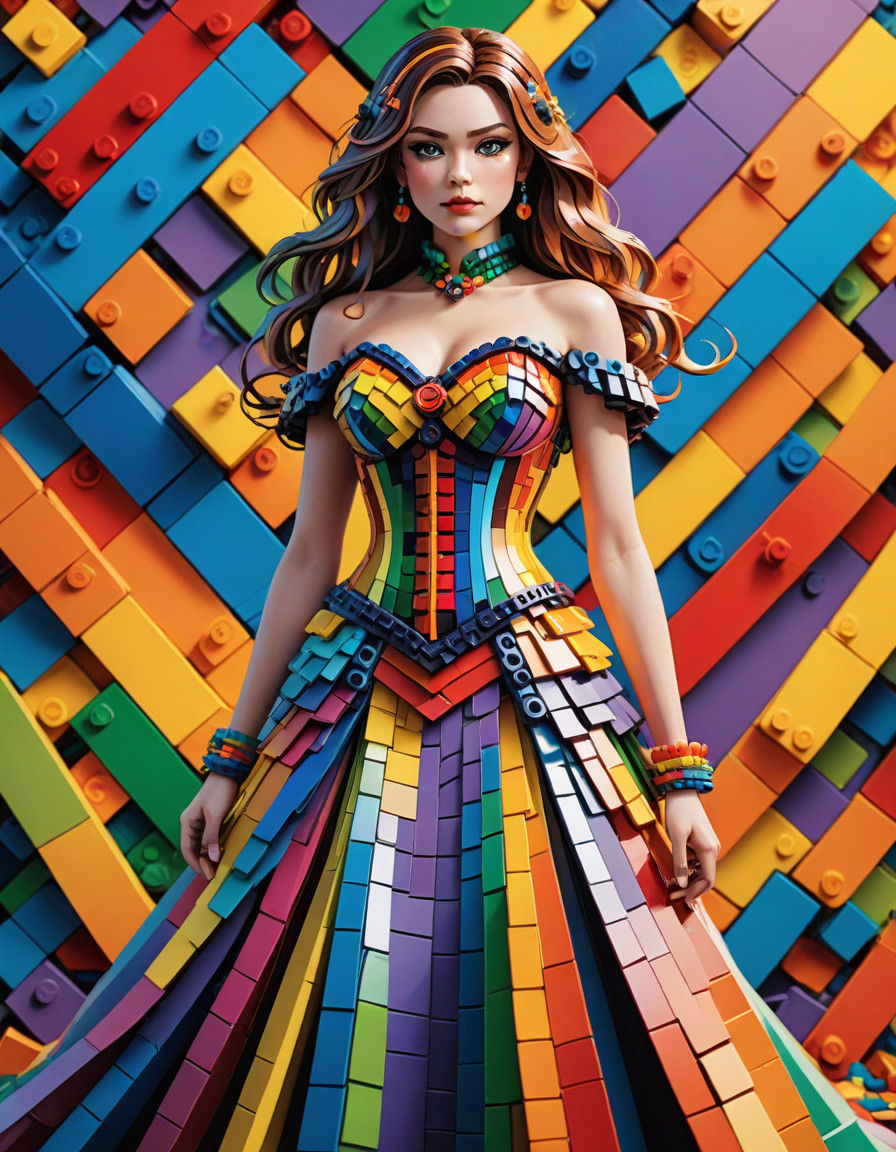 Vibrant Anime Portrait of Woman in Rainbow Lego Corset