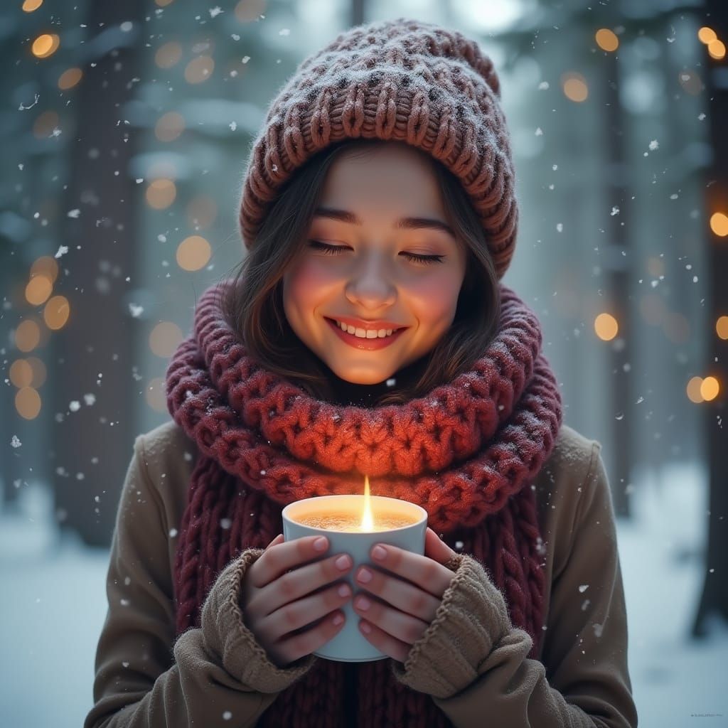 Joyful Woman in Snowy Forest with Hot Cocoa