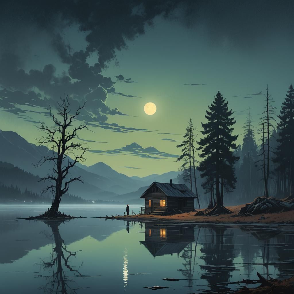 Moonlit Lake: Nostalgic Dreamscape in Atmospheric Style