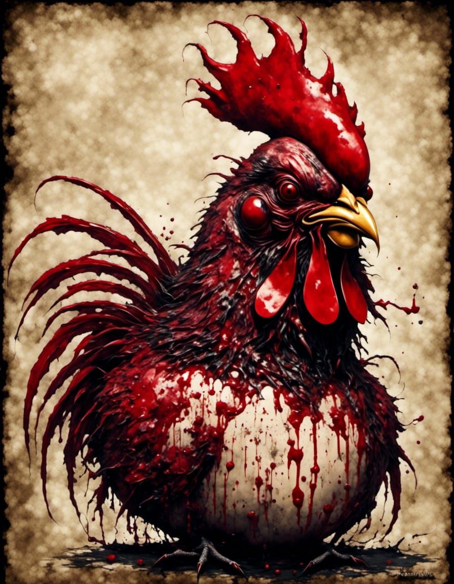 Demonic Cherry Rooster Soaked in Red Paint