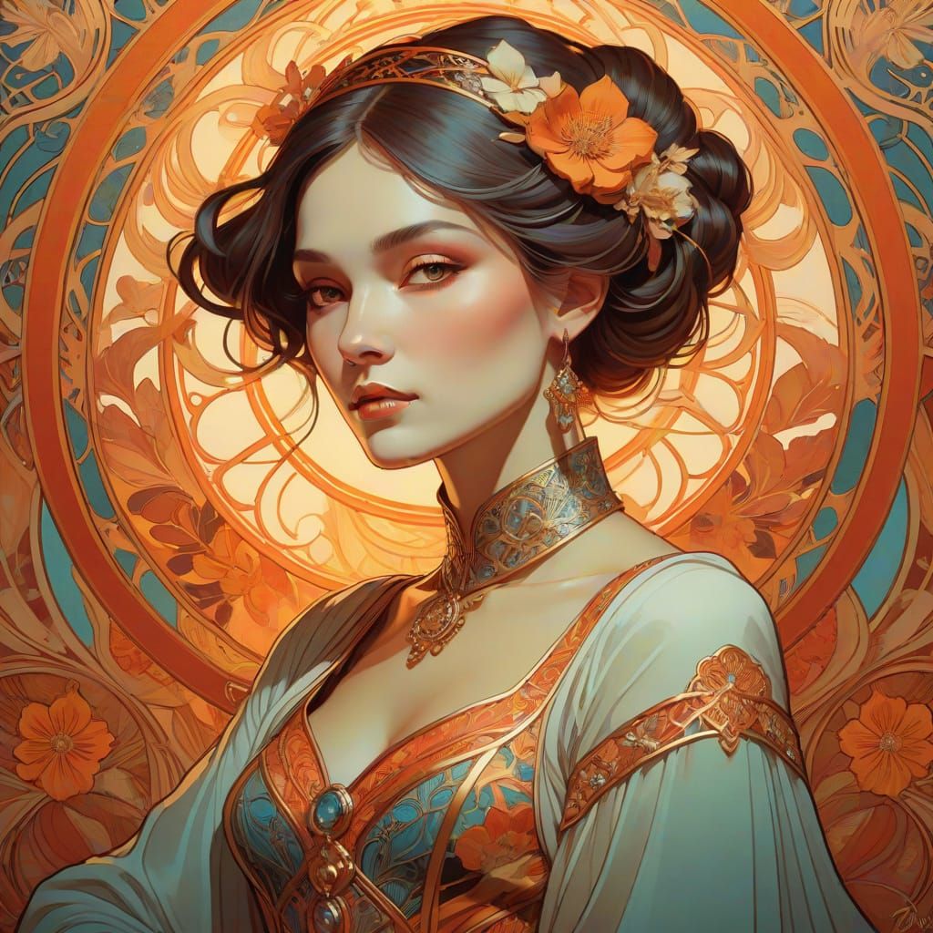 Elegant Woman in Art Nouveau Style with Warm Lighting