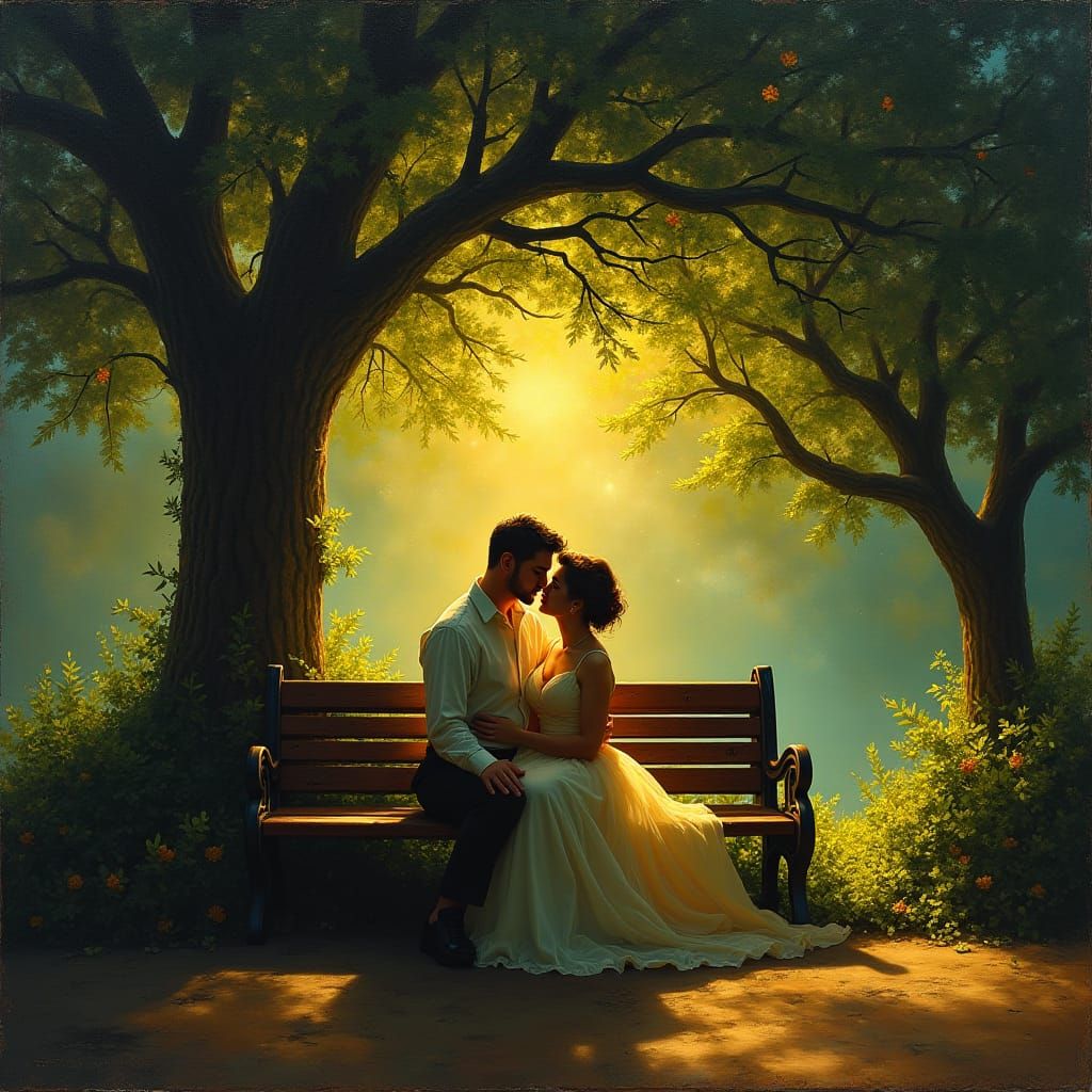 Romantic Evening Embrace in Pre-Raphaelite Style