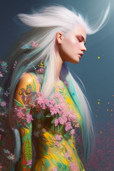 Beautiful Woman with Floral Dress, Art Nouveau Style