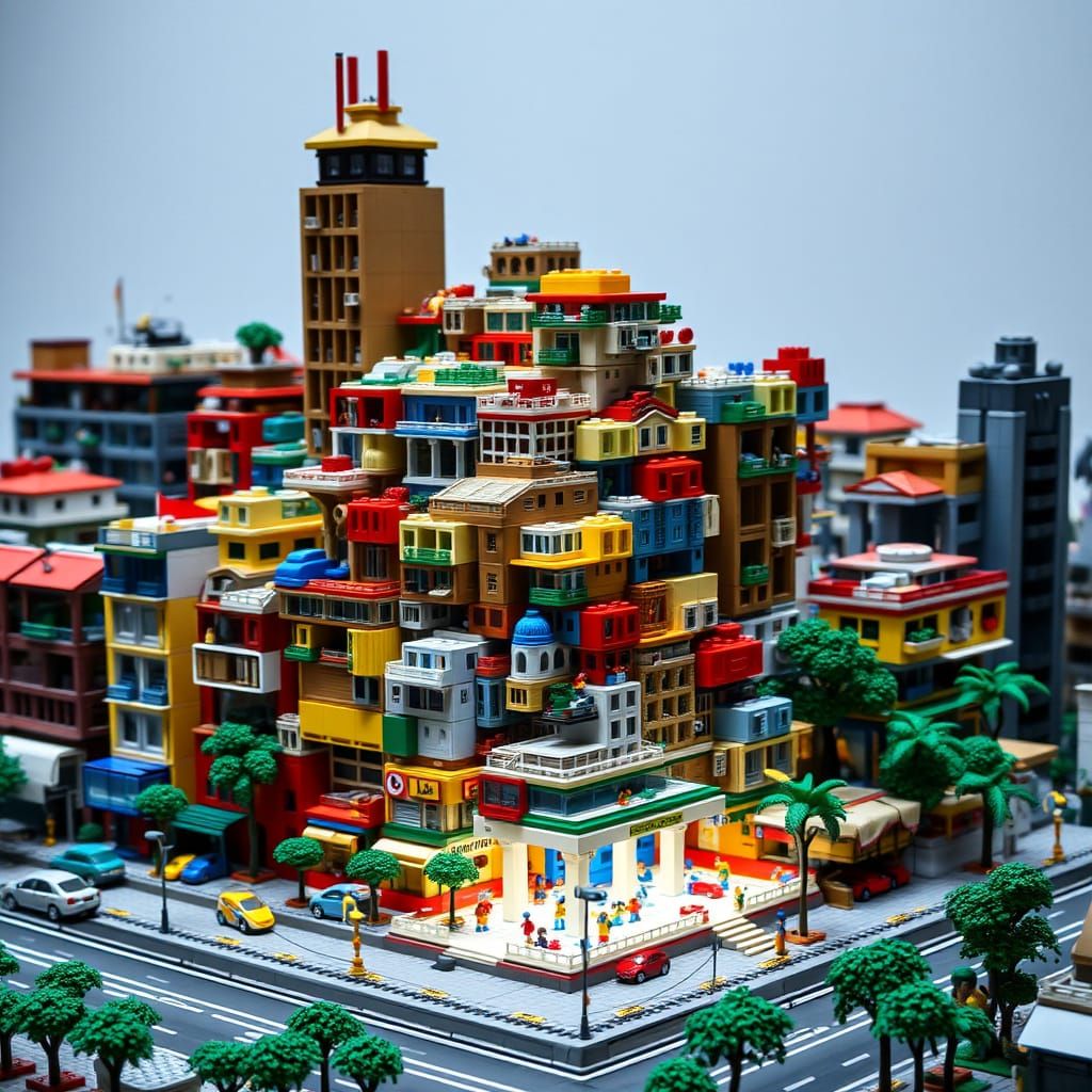 Vibrant Lego Megastructure in Tropical Urban Landscape