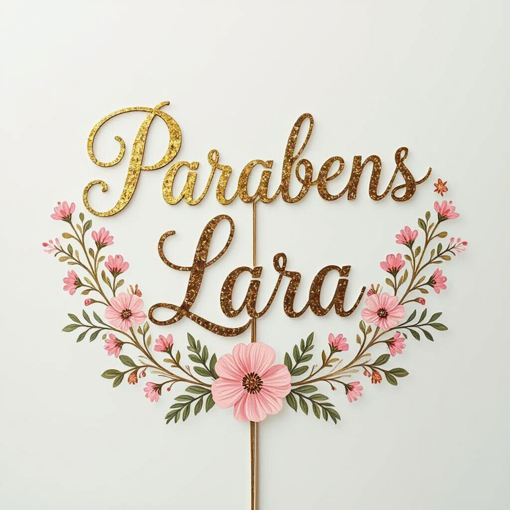 Golden "Parabens Lara" Cake Topper with Floral Design
