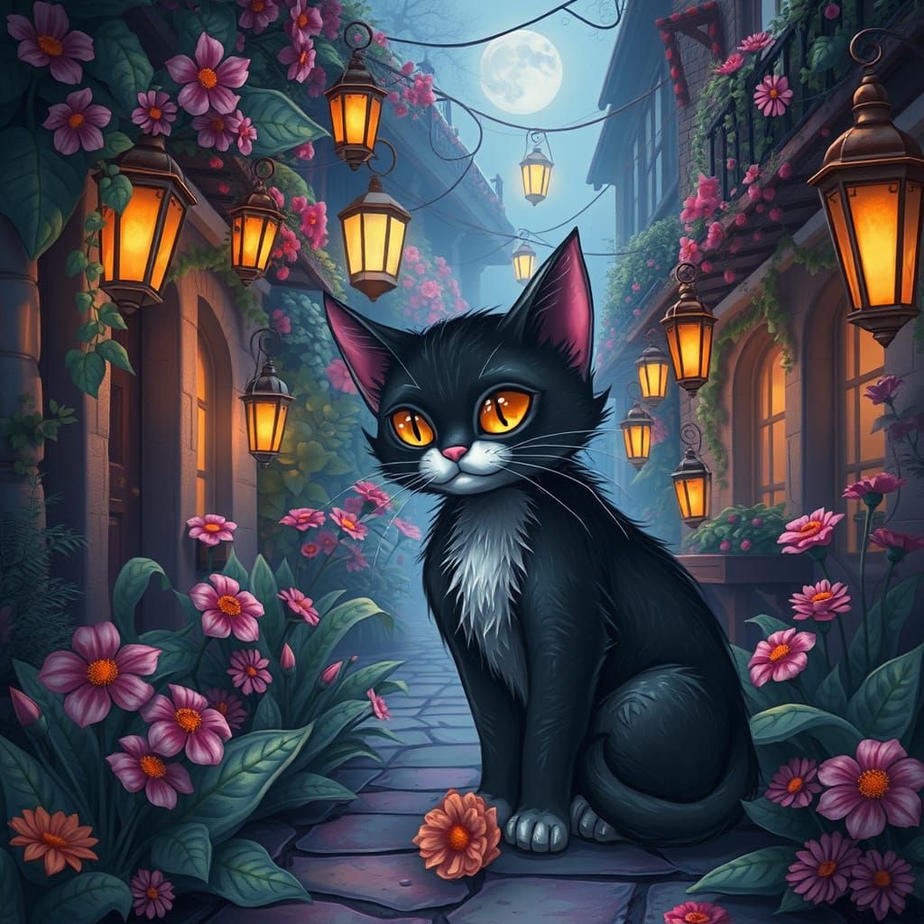 Vampire Cat in Mystical Street Garden, Dreamlike Illustratio...