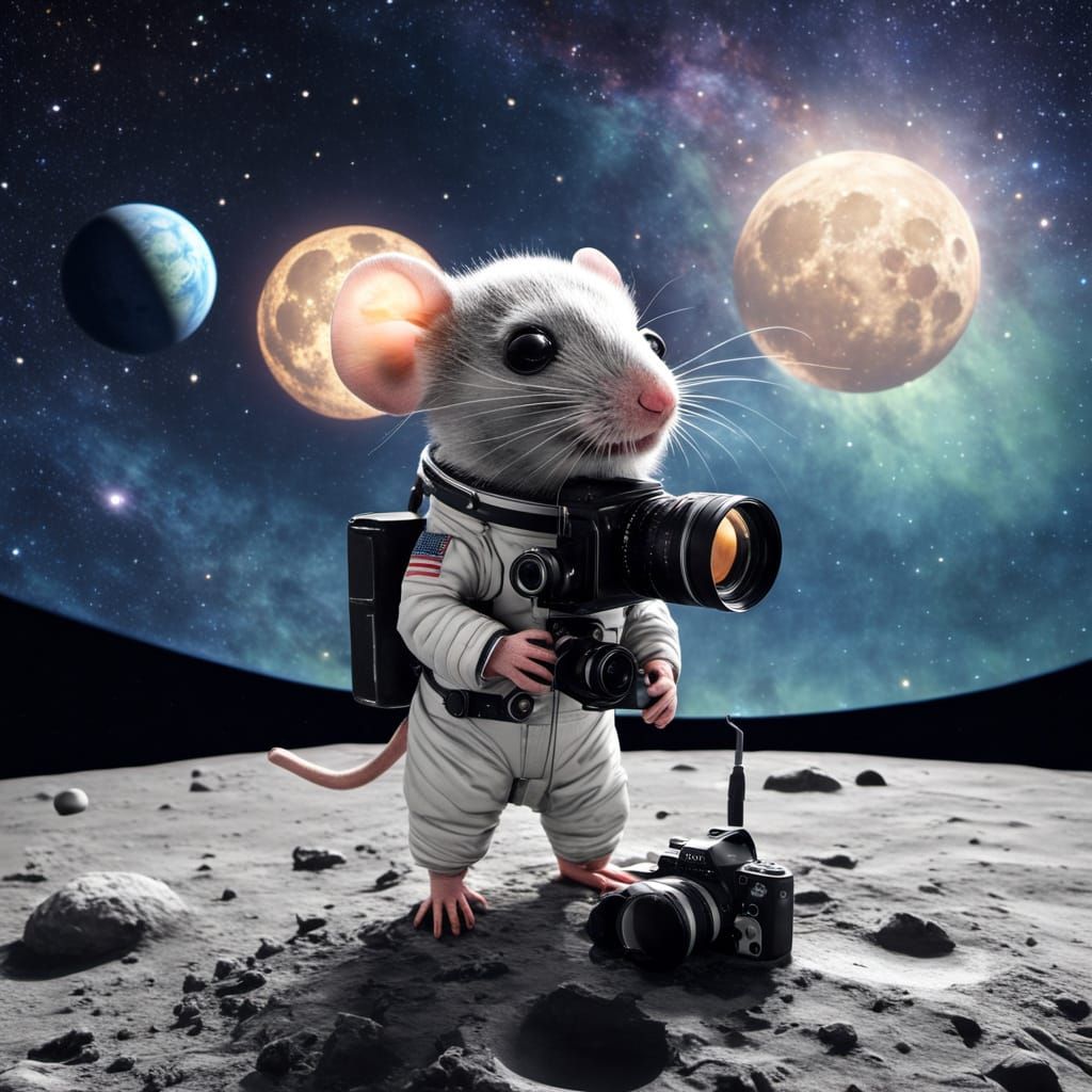 Chibi Mouse Photographer on Lunar Surface in Starry Night