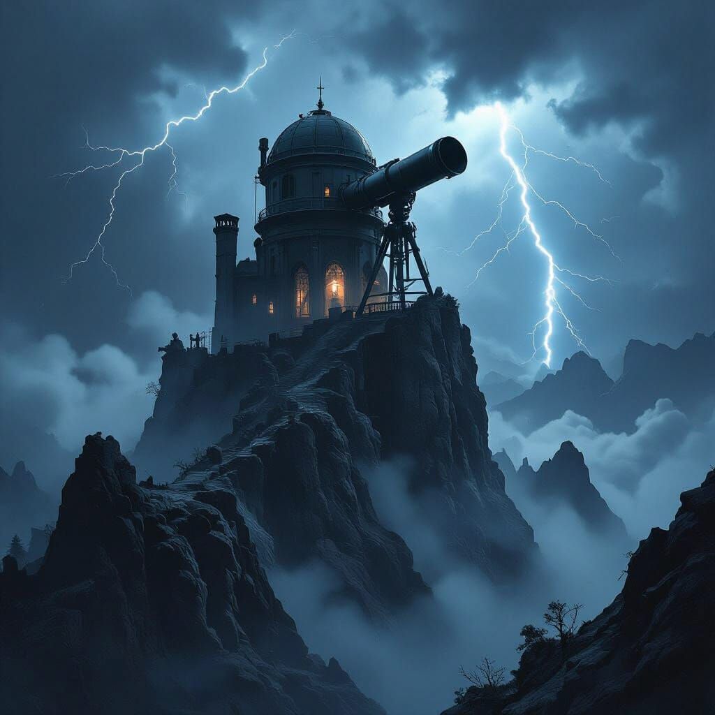 Gothic Observatory on Mountain Peak Under Stormy Starry Sky