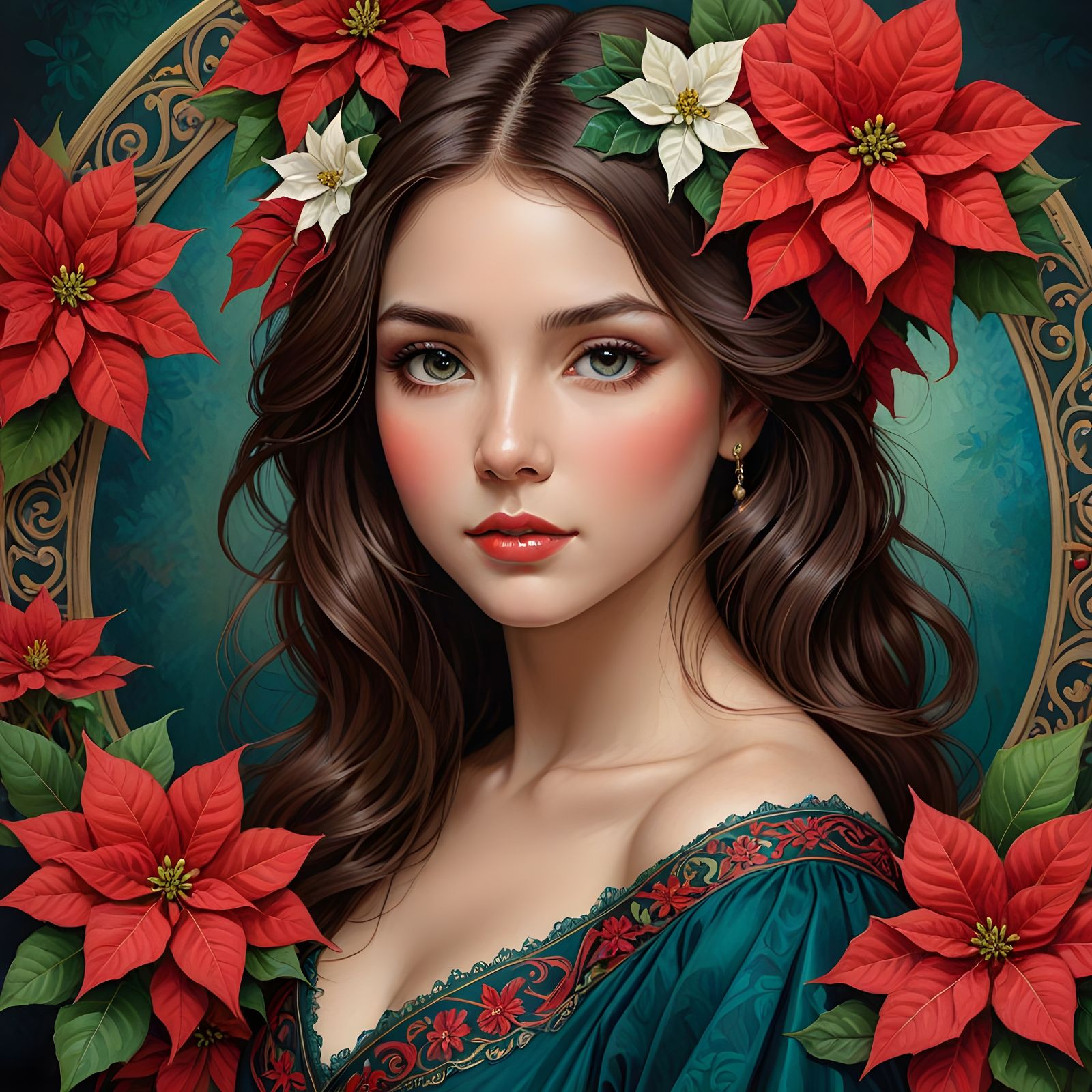 Elegant Brunette Goddess Amidst Poinsettias in Digital Oil P...