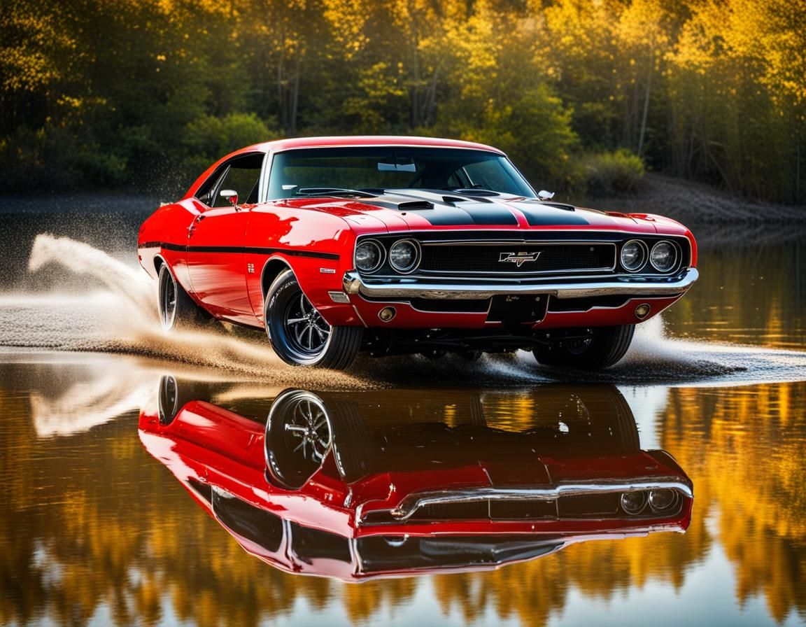 Red Muscle Car Jumps Over Lake