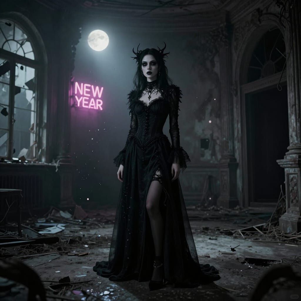 Gothic Model in Desolate Party Hall